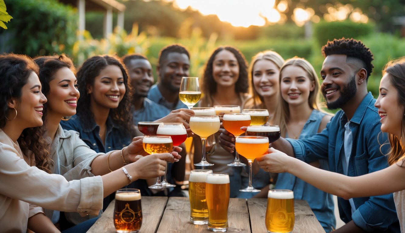 Sekelompok orang muda sedang berkumpul santai di luar ruangan dengan berbagai minuman beralkohol di meja, tersenyum dan bersulang bersama.