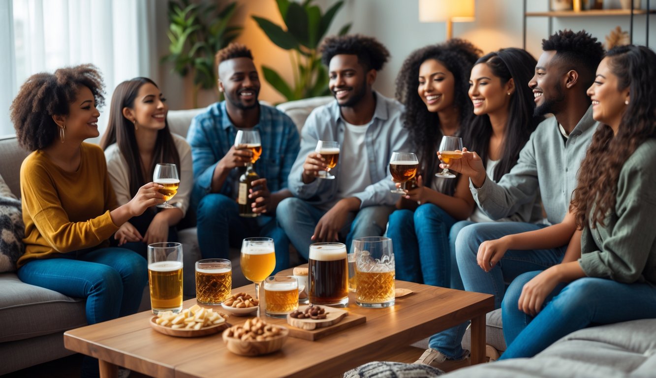 Sekelompok orang muda sedang menikmati minuman beralkohol dan bersantai bersama di ruang tamu yang nyaman.