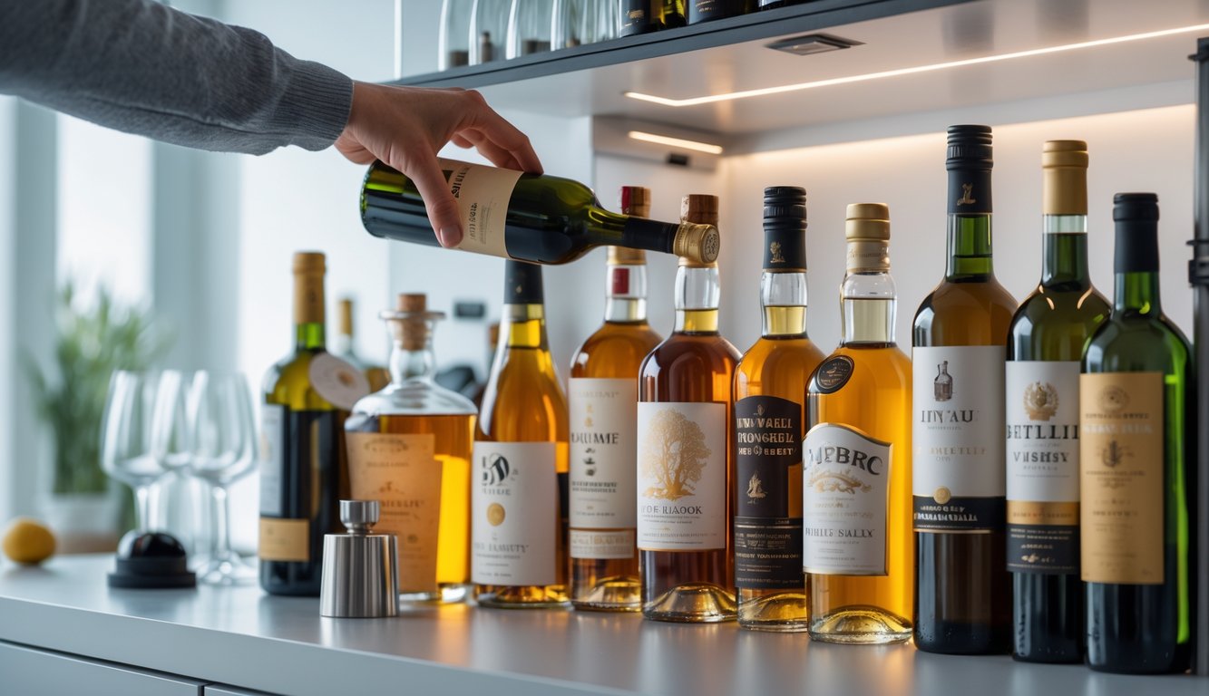 Seseorang menyimpan botol minuman beralkohol dengan rapi di lemari bar di dalam dapur modern.