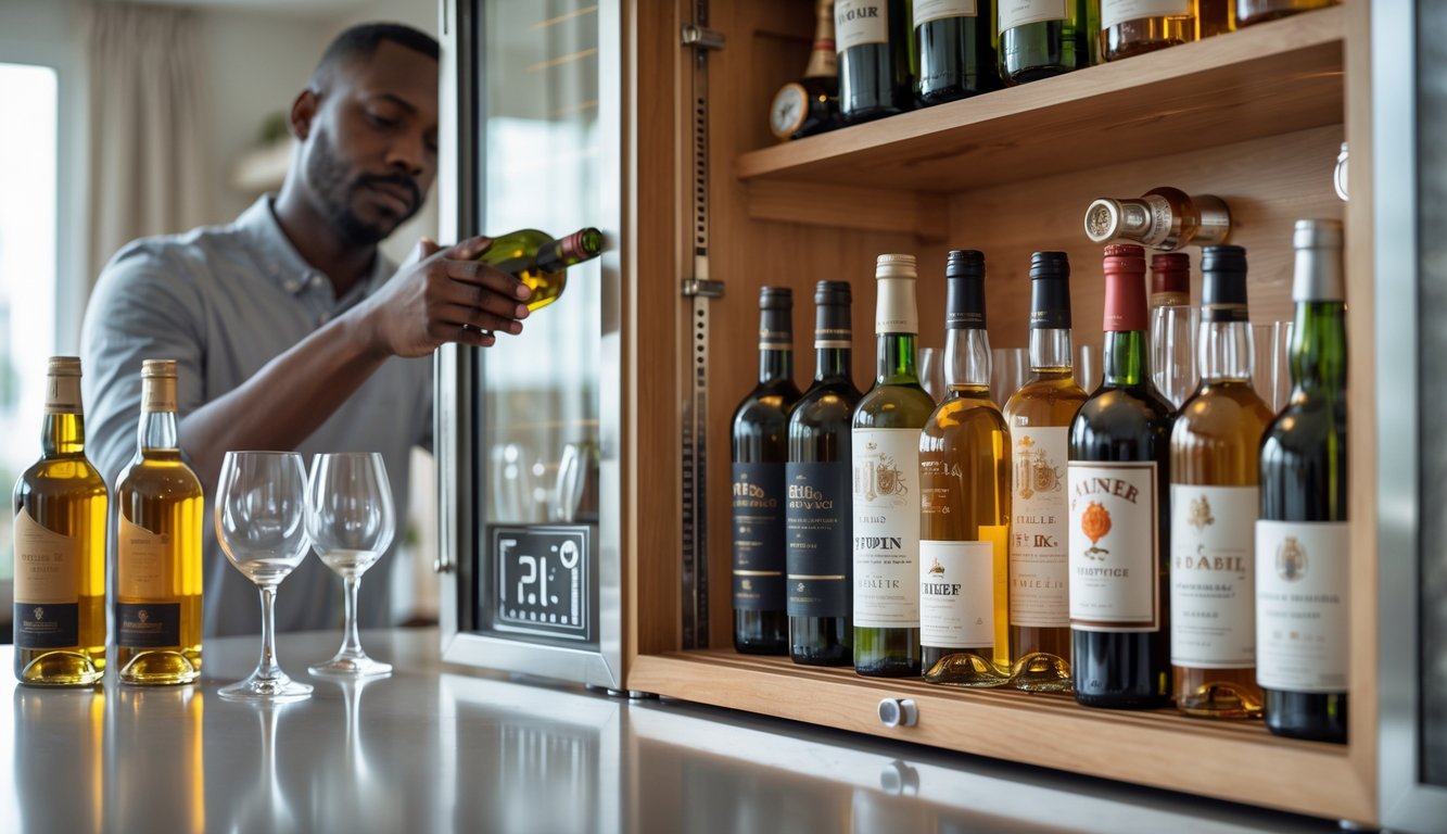 Seseorang sedang menyimpan botol minuman beralkohol di lemari pendingin khusus di dalam ruangan yang rapi dan terang.