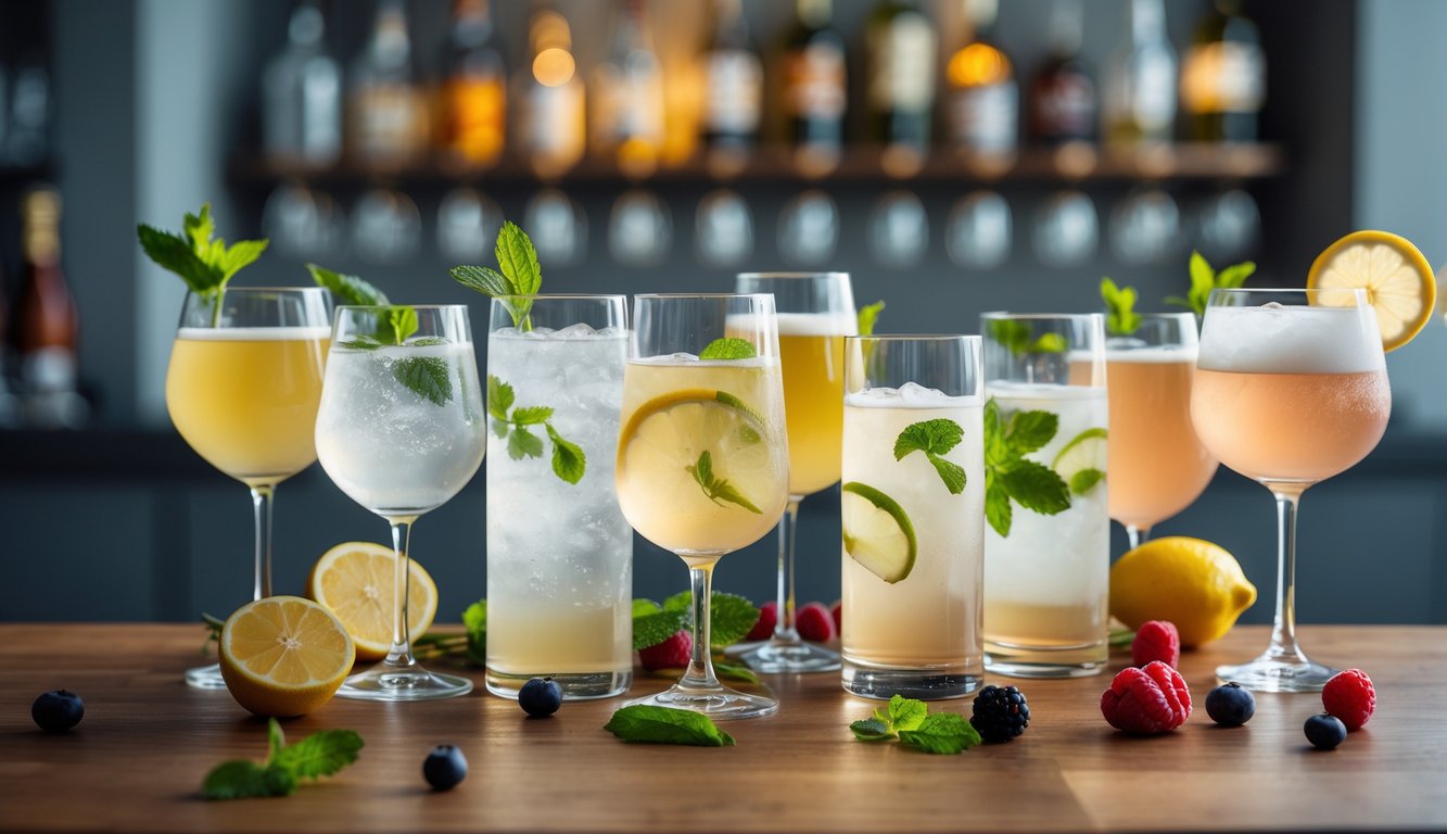 Berbagai minuman beralkohol kadar rendah disusun di atas meja kayu dengan hiasan lemon dan daun mint.
