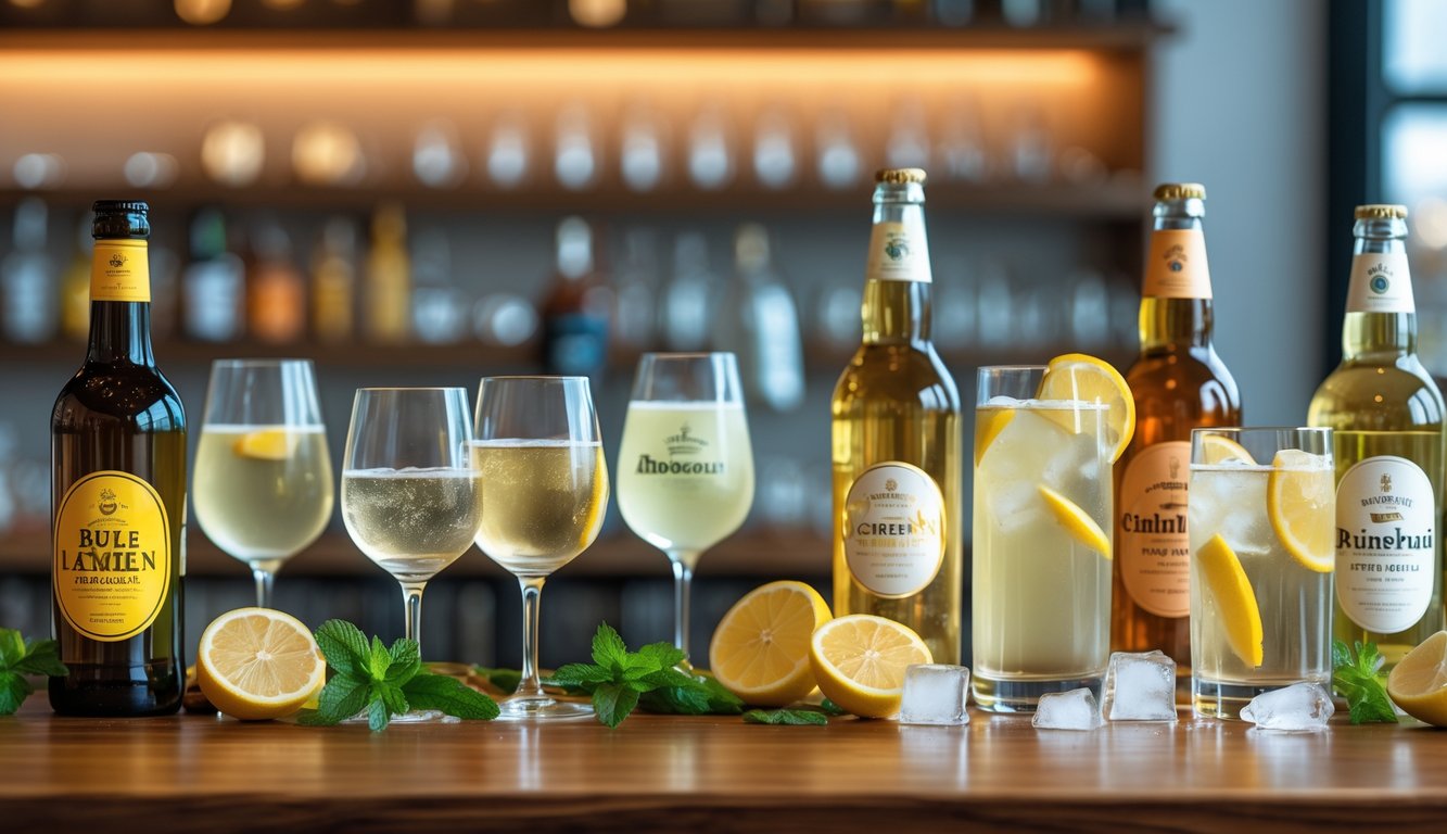 Berbagai minuman beralkohol rendah dalam gelas dan botol di atas meja kayu dengan latar belakang bar yang hangat dan nyaman.