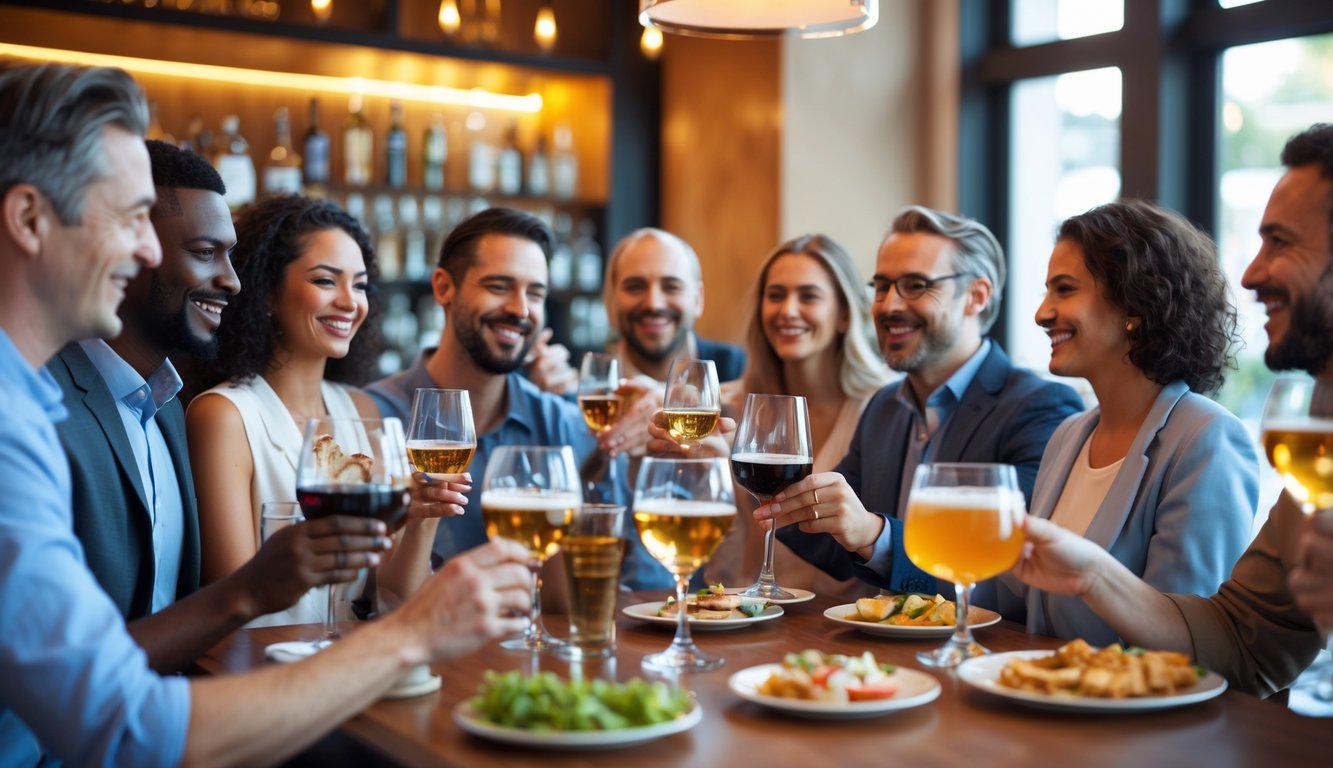 Sekelompok orang dewasa menikmati minuman beralkohol dengan aman dan bertanggung jawab di sebuah bar modern.