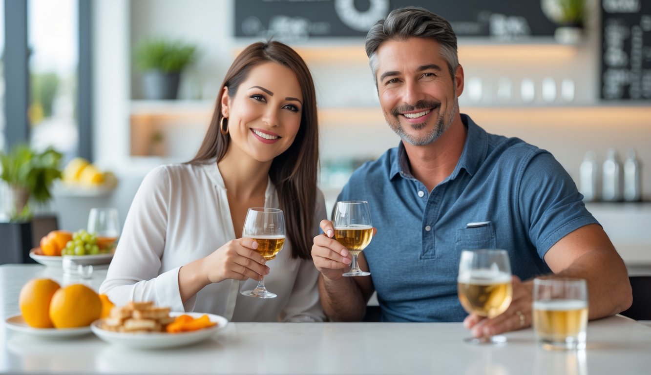 Dua orang dewasa duduk di meja makan menikmati minuman beralkohol dengan santai dan bertanggung jawab.