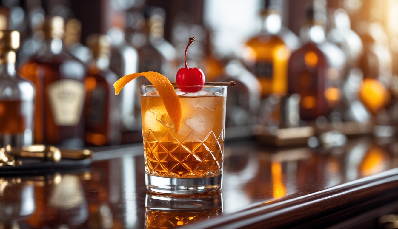 Segelas minuman beralkohol klasik berwarna cokelat kemerahan dengan hiasan kulit jeruk dan ceri di atas meja bar kayu dengan botol minuman di latar belakang.