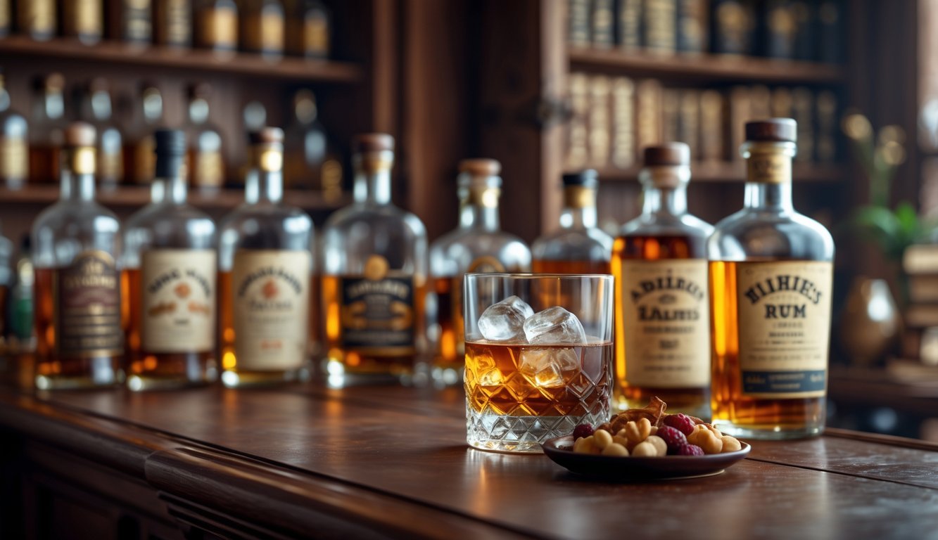 Suasana bar klasik dengan botol minuman beralkohol berlabel vintage dan gelas wiski berisi es di atas meja kayu.