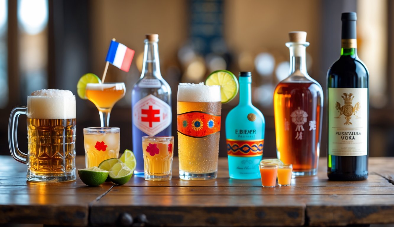 Berbagai minuman beralkohol dari berbagai negara yang tersusun rapi di atas meja kayu dengan latar belakang yang samar.