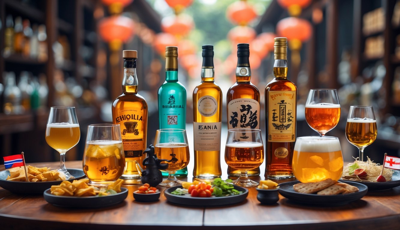 Meja kayu dengan berbagai minuman beralkohol dari berbagai negara, termasuk gelas wiski, anggur, sake, tequila, dan bir, dengan latar belakang yang samar.