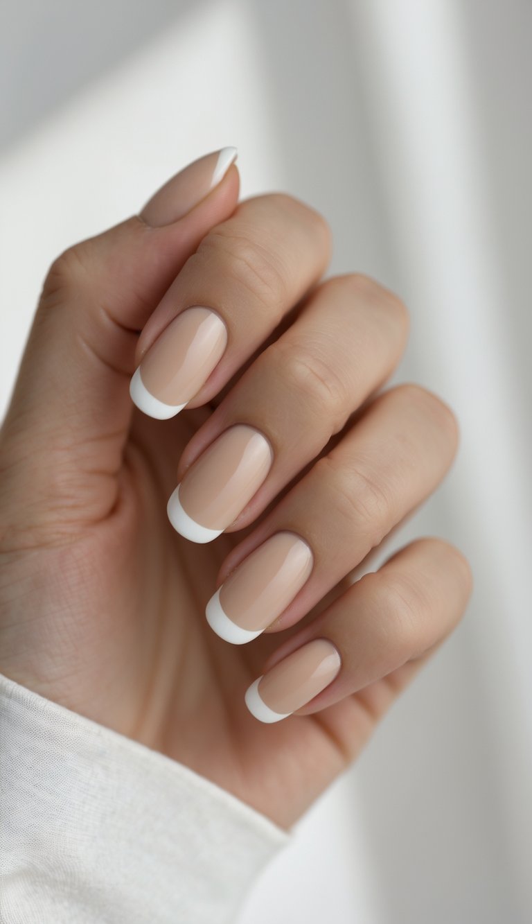 Close-up of one hand with beige French tip nails against a white background.