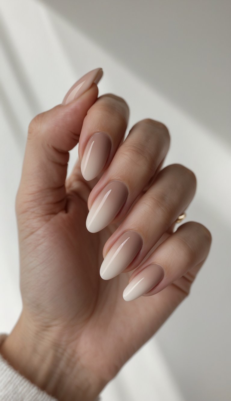 Close-up of one hand with beige ombre nails against a white background.
