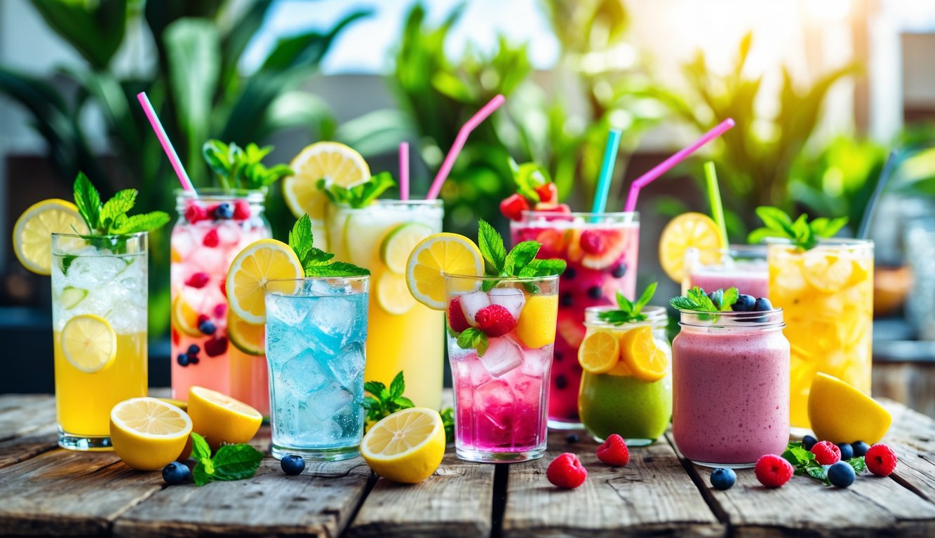 Berbagai minuman segar berwarna-warni disajikan di atas meja kayu dengan hiasan daun mint dan irisan buah, di latar belakang suasana luar ruangan yang cerah dan hijau.