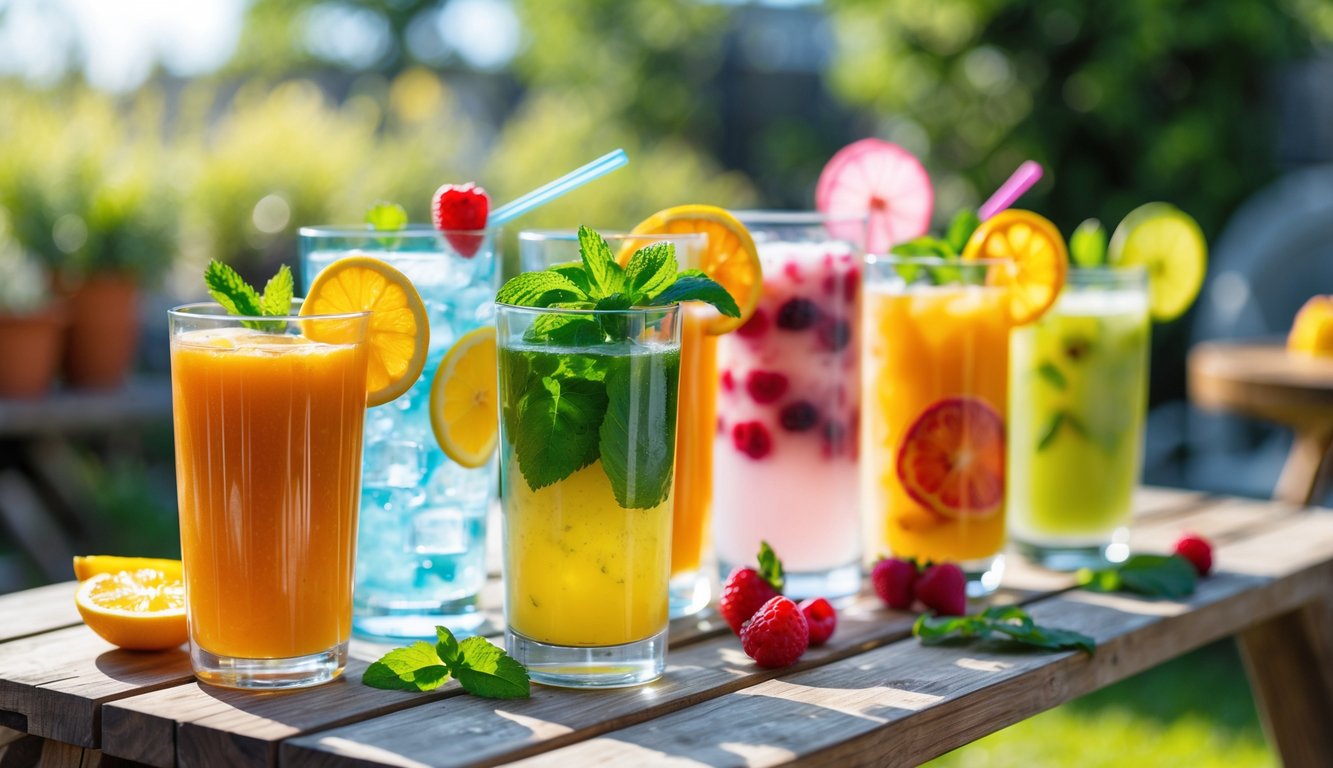Berbagai minuman segar berwarna-warni disajikan di atas meja kayu di luar ruangan pada hari cerah dengan latar belakang taman rumah.
