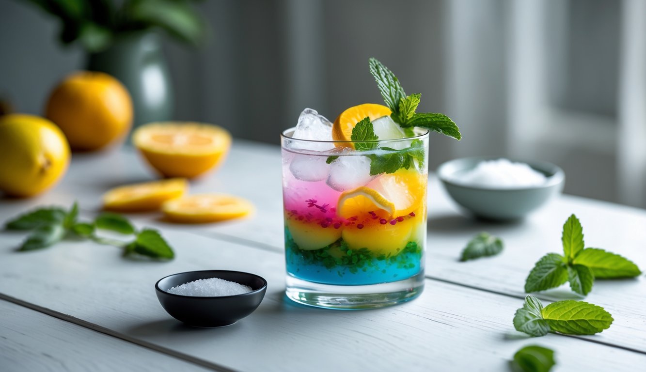 Segelas minuman berwarna cerah dengan buah segar dan daun mint di atas meja kayu dengan pencahayaan alami.