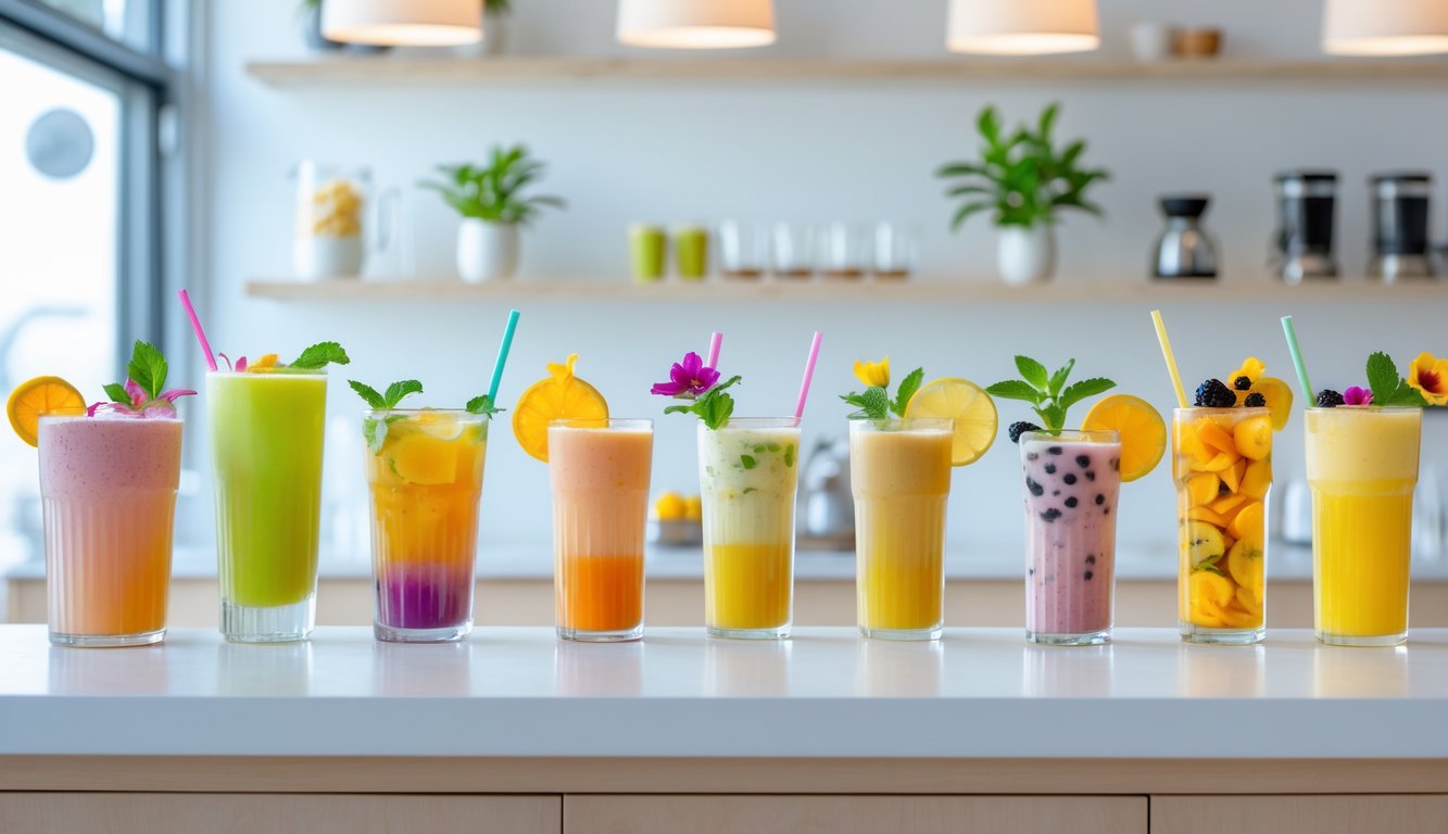 Berbagai minuman kekinian berwarna-warni disajikan di atas meja dengan latar belakang kafe modern yang terang.