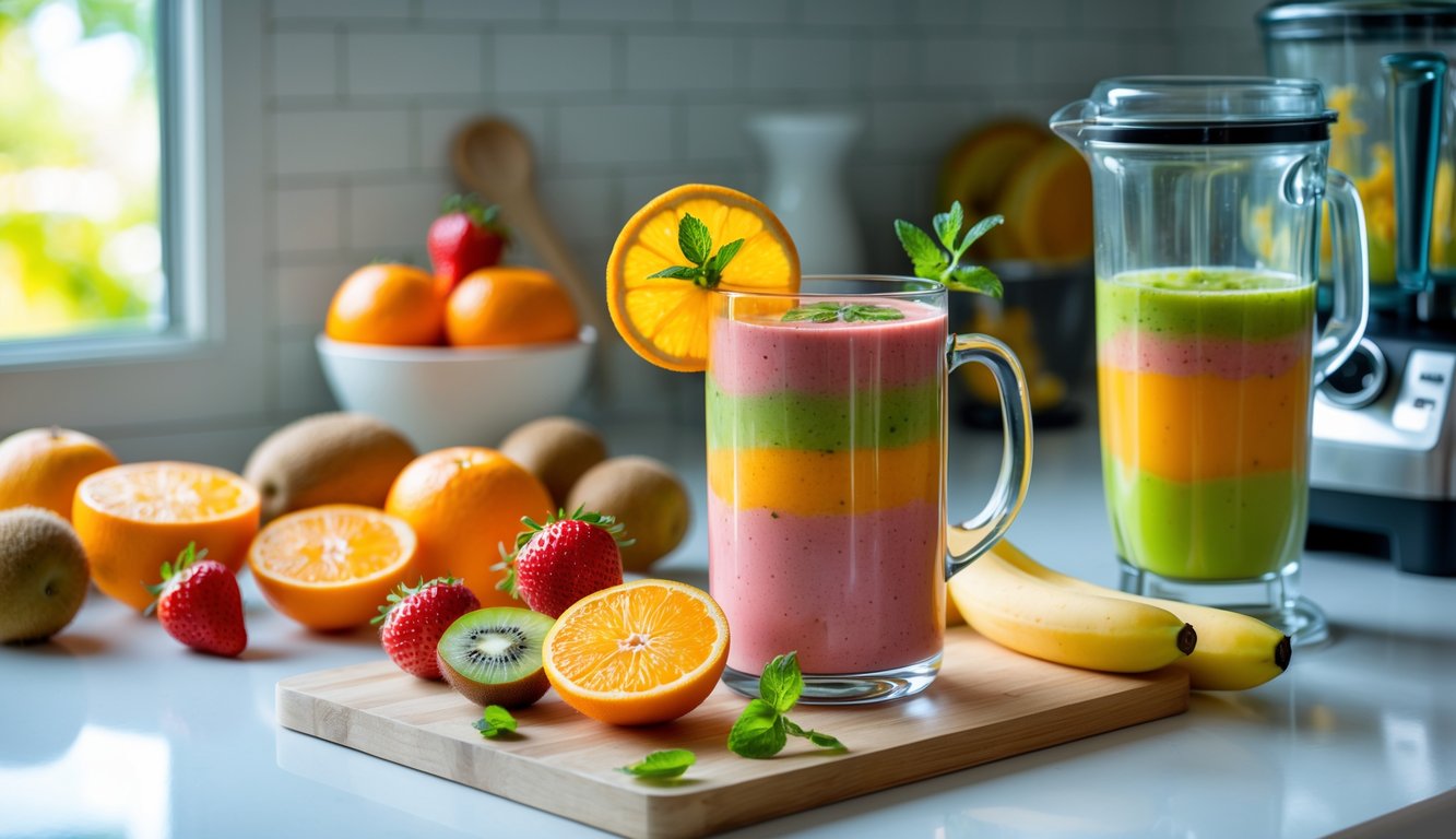 Minuman sehat dari buah segar disiapkan di dapur dengan berbagai buah segar dan gelas berisi smoothie berwarna cerah.