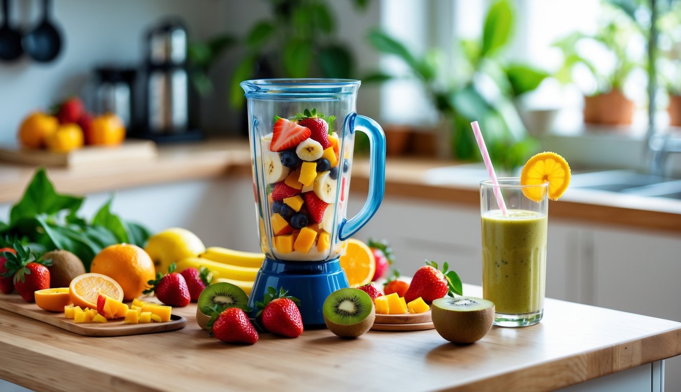 Sebuah dapur dengan buah segar dan gelas minuman smoothie buah yang baru dibuat di atas meja kayu.