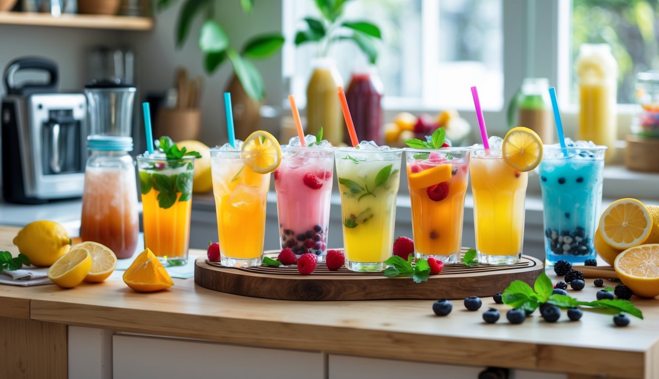 Meja di rumah dengan berbagai minuman dingin berwarna-warni seperti es teh, jus buah, dan smoothie yang disajikan dalam gelas dengan es dan hiasan buah segar.
