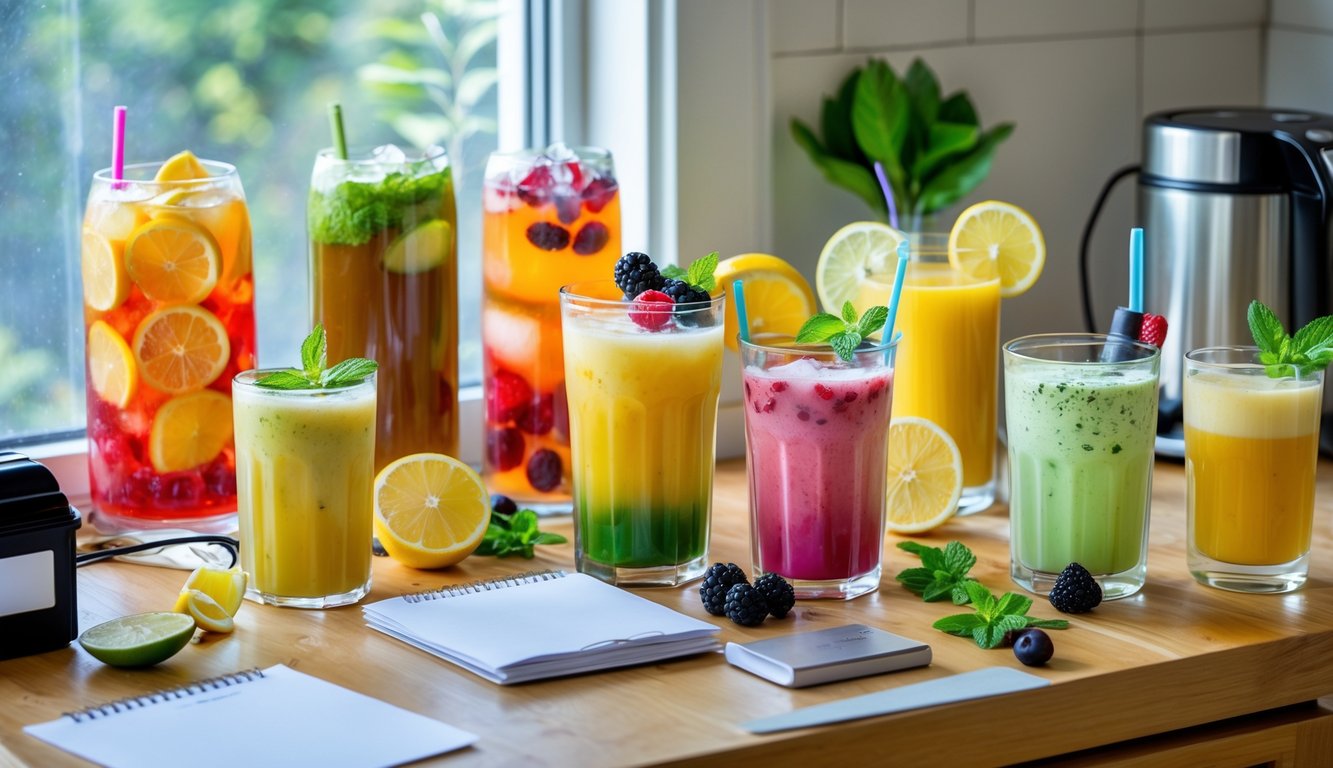 Meja di rumah dengan berbagai minuman dingin berwarna-warni dan alat bisnis sederhana untuk usaha minuman rumahan.