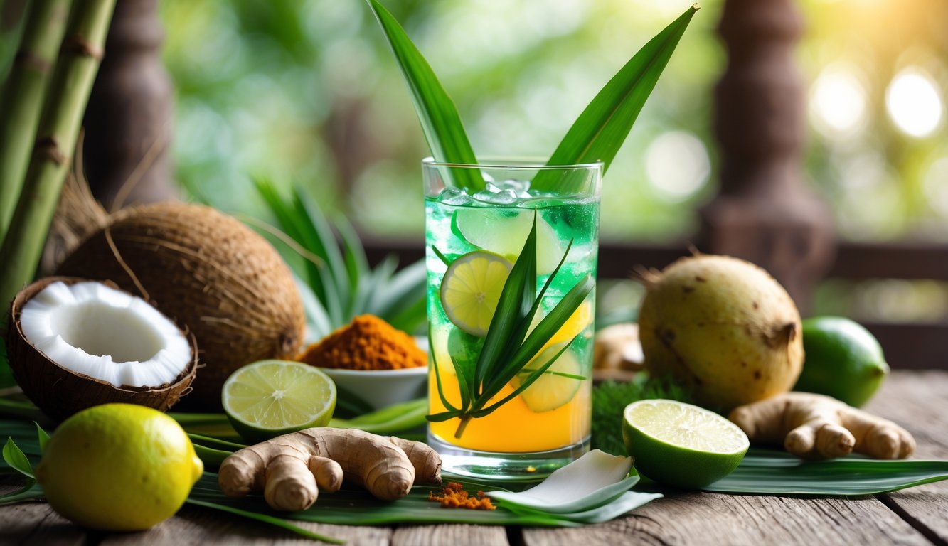 Segelas minuman tradisional Indonesia yang menyegarkan dengan bahan-bahan alami dan buah tropis di atas meja kayu.