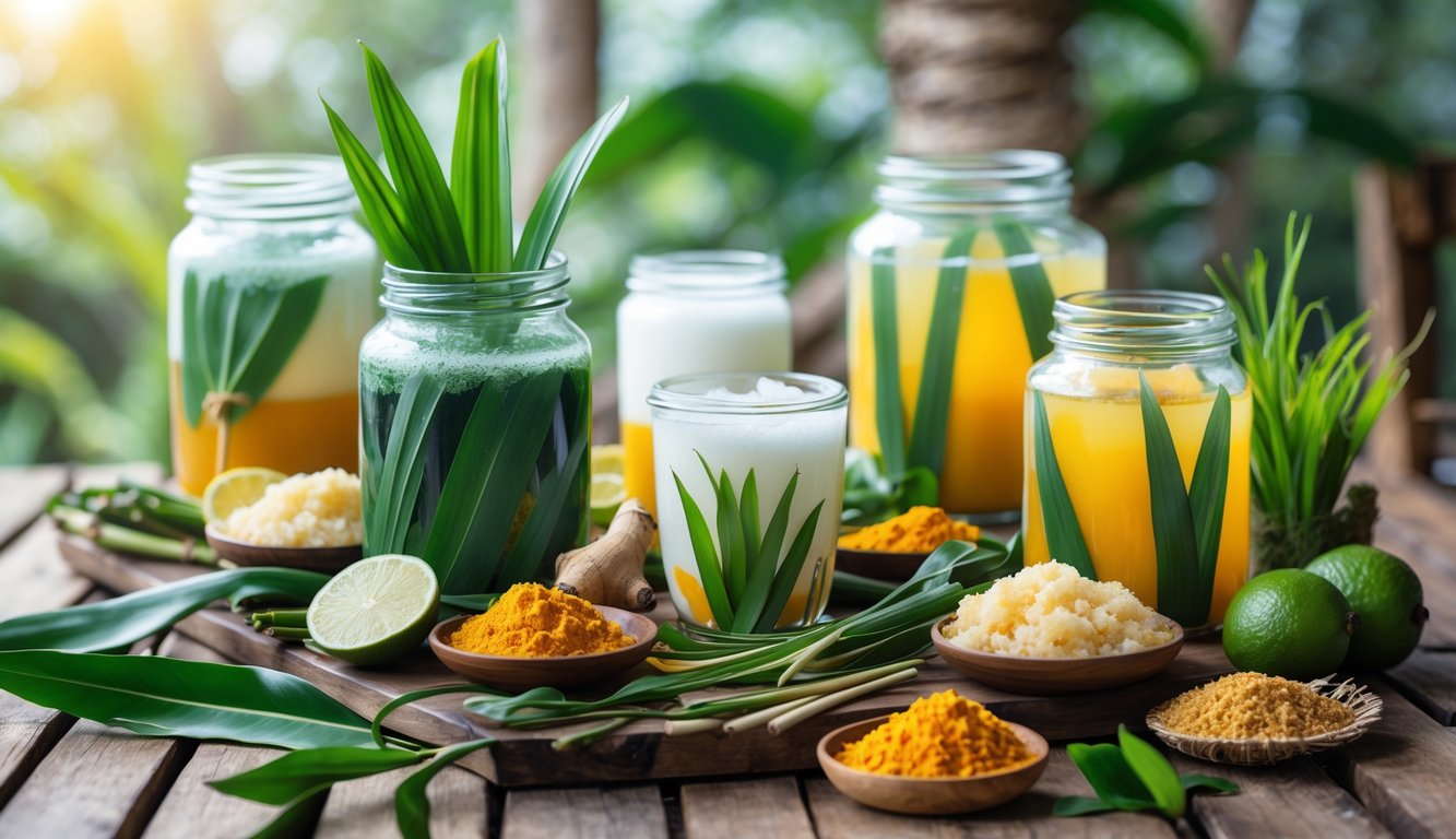 Meja kayu dengan minuman tradisional Indonesia berwarna-warni dan bahan-bahan alami seperti daun pandan, jahe, kunyit, dan buah tropis.