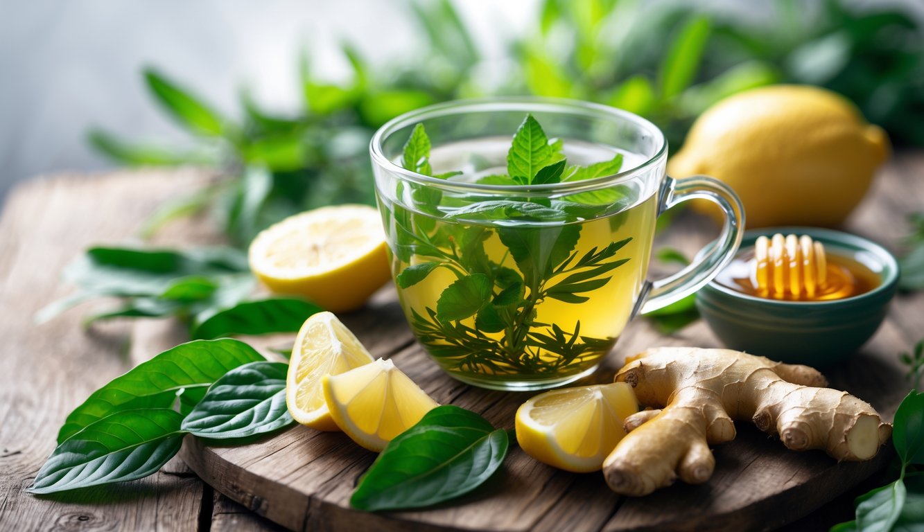Segelas minuman herbal hangat dengan irisan jahe, lemon, daun hijau, dan mangkuk kecil madu di atas meja kayu.