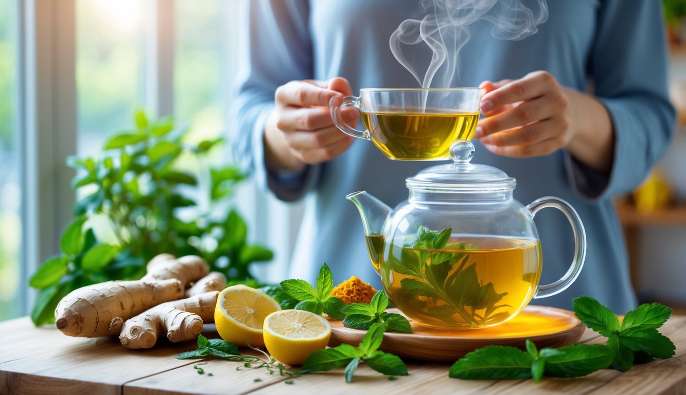 Secangkir teh herbal hangat dengan berbagai rempah segar di atas meja kayu, dengan seorang pria atau wanita memegang cangkir itu di latar belakang.