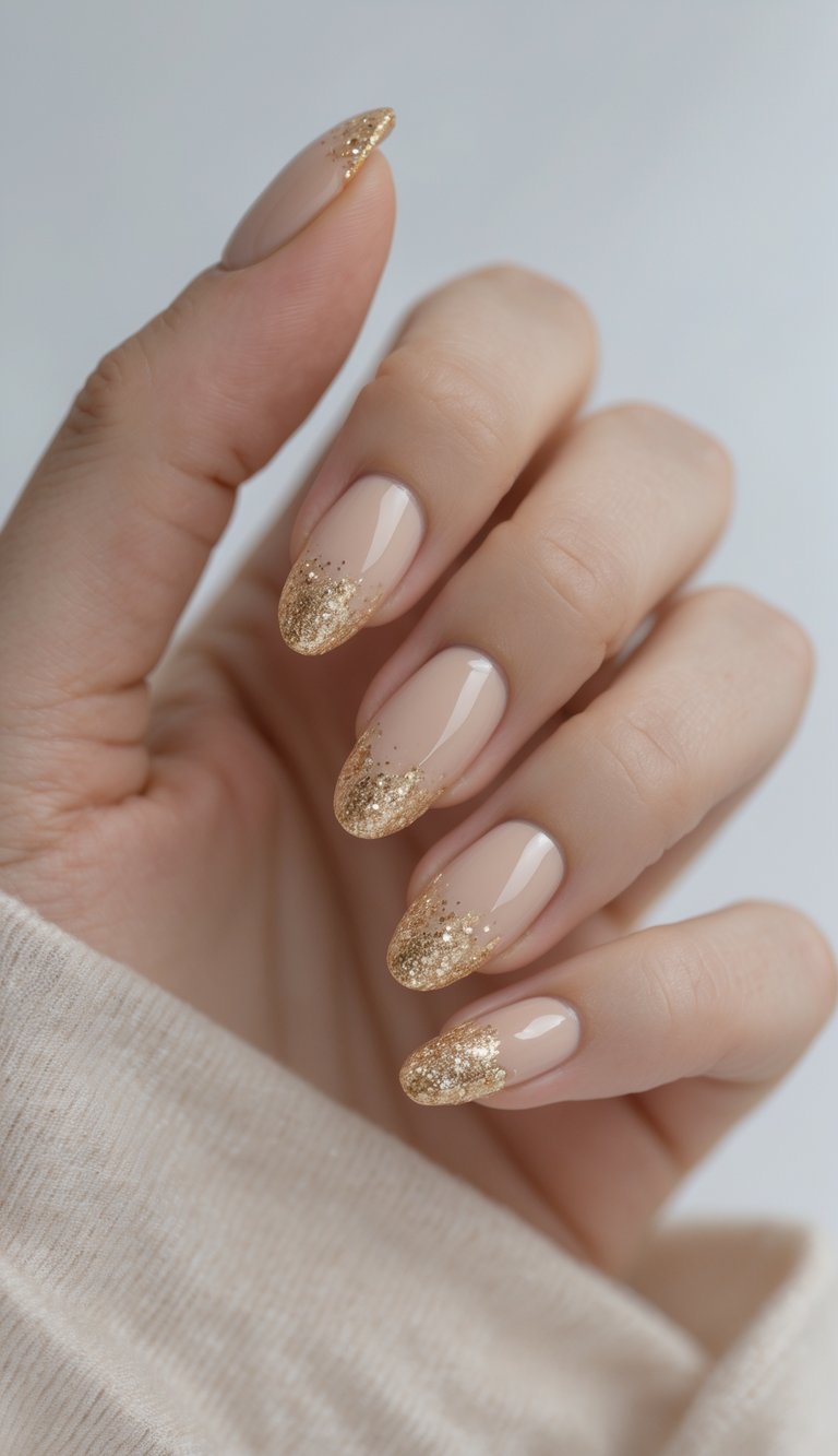 Close-up of one hand showing beige nails with fine gold glitter fading from the tips on a white background.