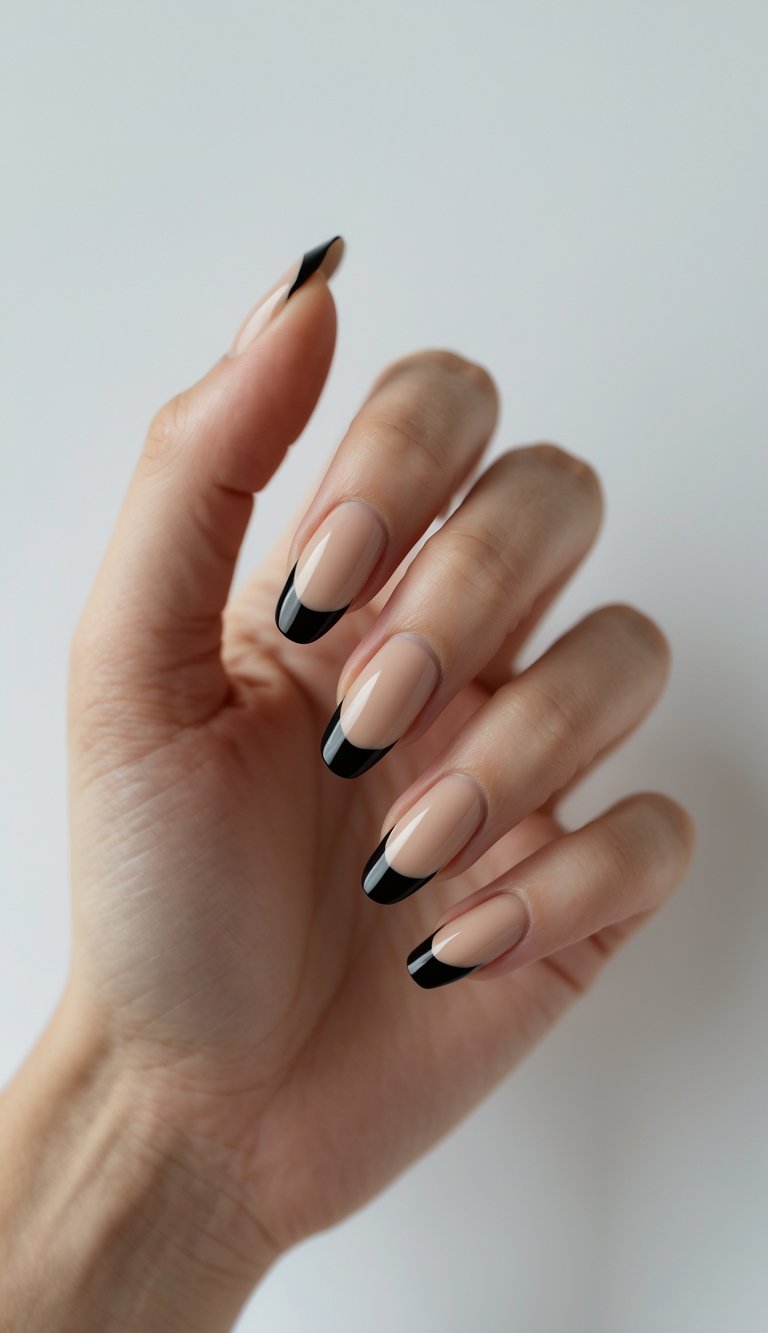 Close-up of one hand with beige nails and black French tips against a white background.