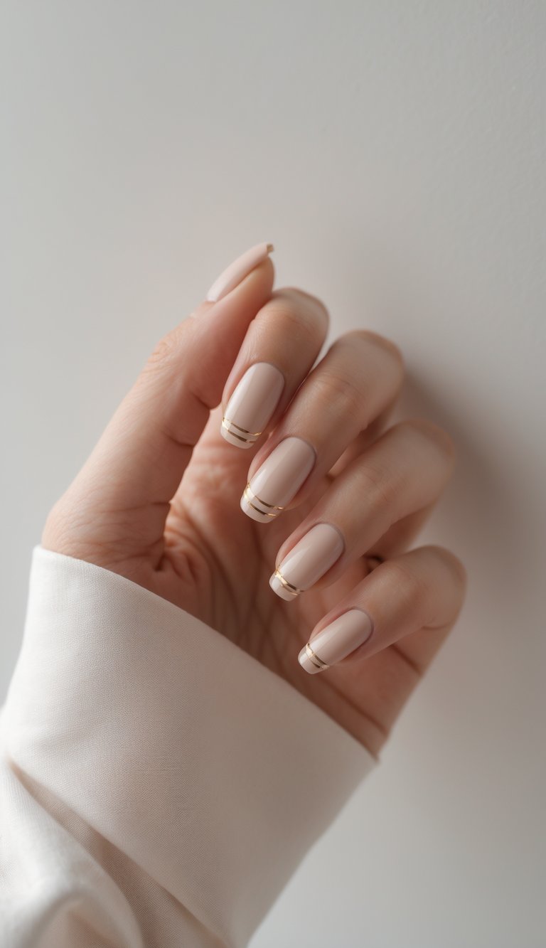 Close-up of one hand with beige nails decorated with thin gold stripes against a white background.