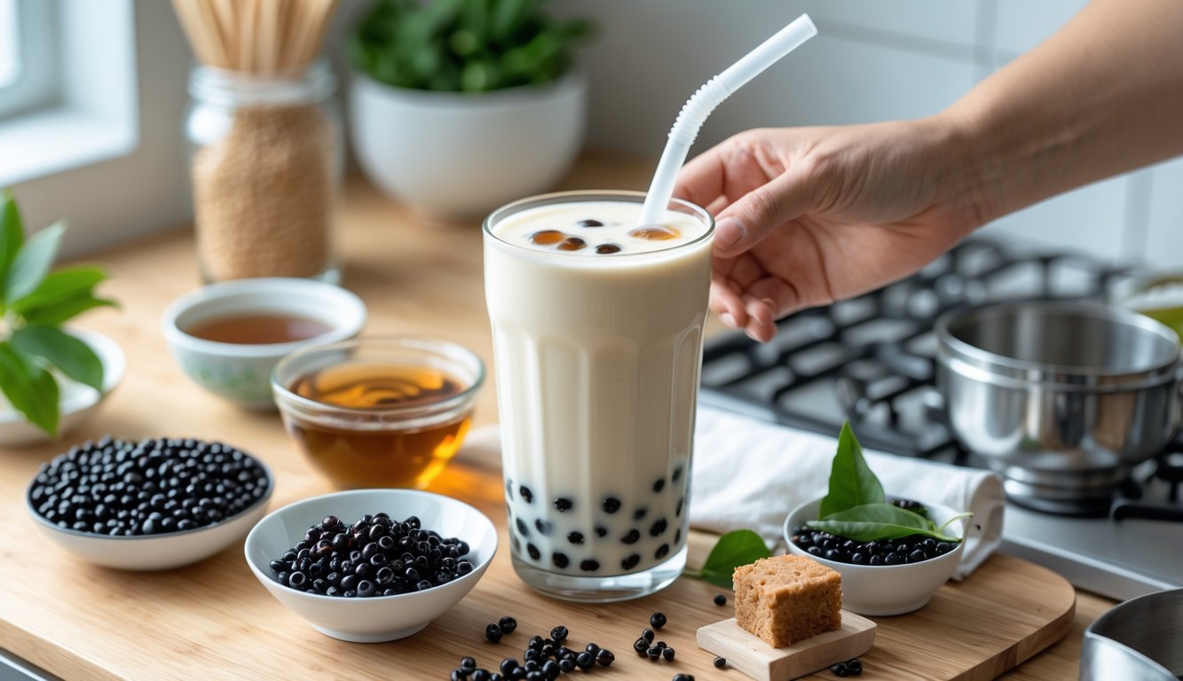 Minuman boba buatan sendiri dalam gelas dengan bola tapioka hitam, diletakkan di atas meja dapur dengan bahan-bahan dan alat pembuatannya.