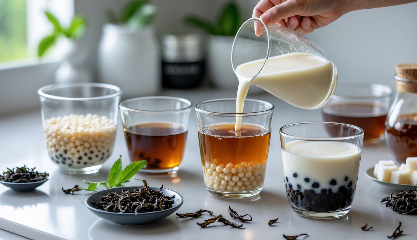 Beberapa bahan utama untuk membuat minuman boba di atas meja dapur, termasuk mangkuk berisi mutiara tapioka, sirup gula merah, susu, dan teh seduh, dengan tangan menuangkan susu ke dalam gelas berisi teh dan mutiara tapioka.