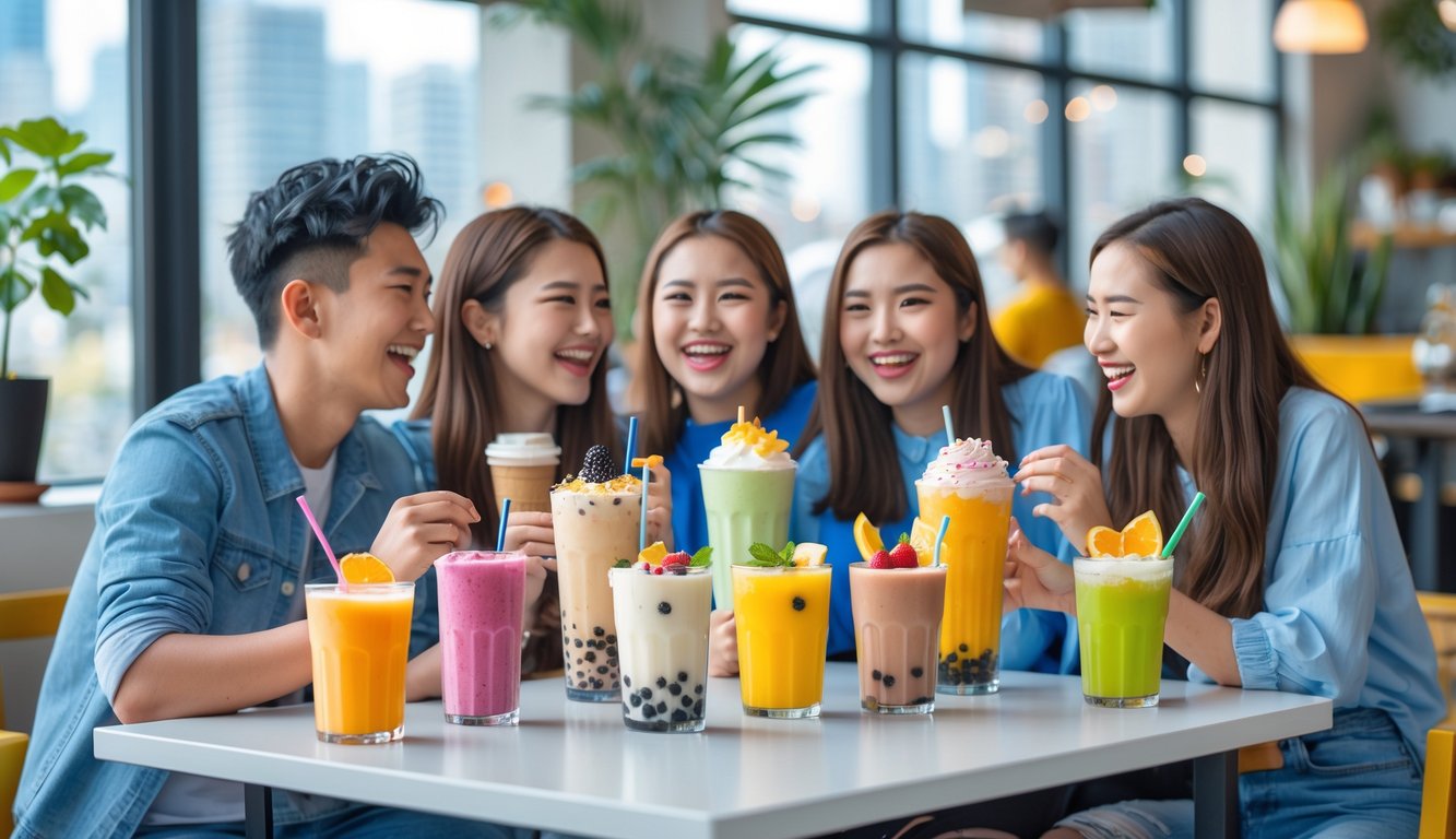 Sekelompok anak muda sedang menikmati berbagai minuman manis yang sedang viral di sebuah kafe modern dengan suasana ceria.