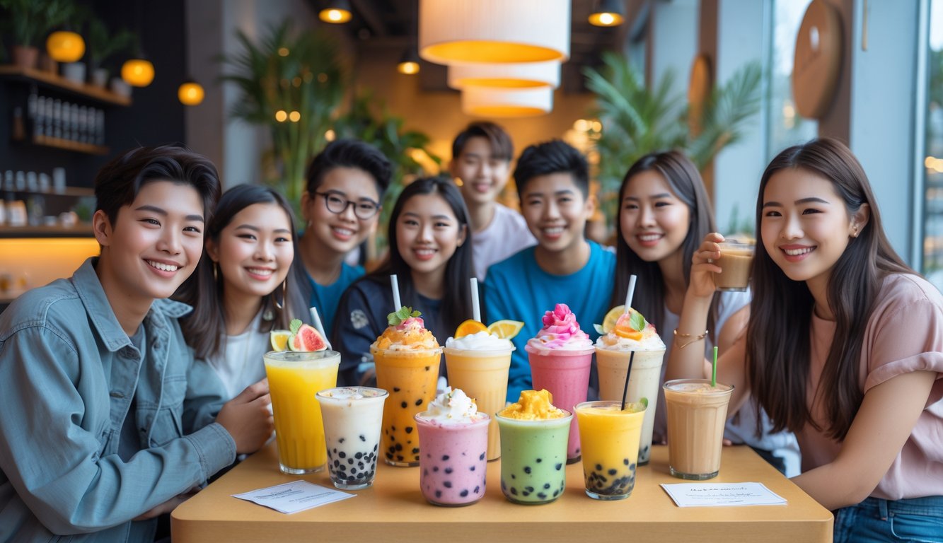 Sekelompok anak muda sedang menikmati berbagai minuman manis berwarna-warni di sebuah kafe modern.