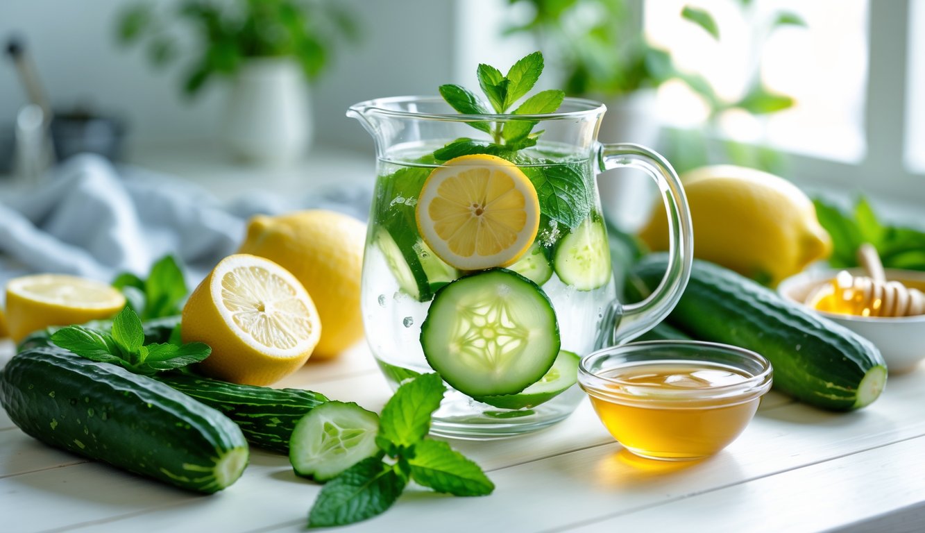 Sebuah meja kayu dengan pitcher berisi air detox dengan irisan lemon, mentimun, dan daun mint, dikelilingi oleh bahan-bahan segar seperti lemon, mentimun, dan madu.