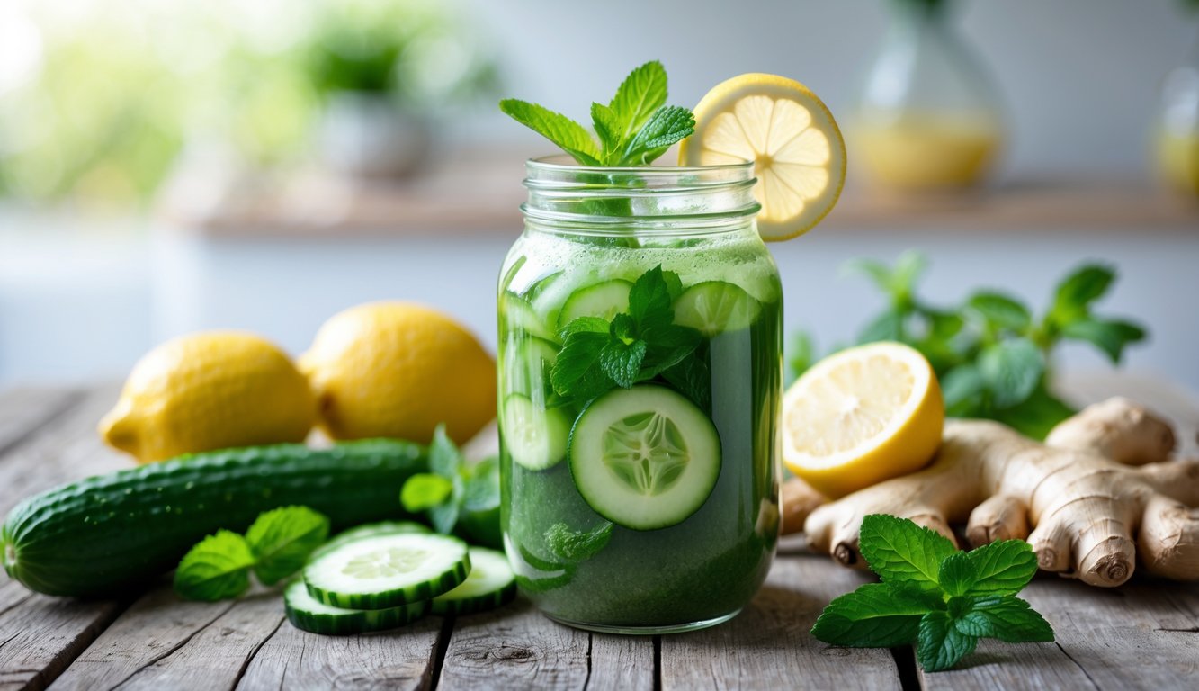Sebuah gelas berisi minuman detox hijau dengan irisan lemon, mentimun, dan daun mint di atas meja kayu bersama bahan alami seperti lemon, mentimun, jahe, dan daun mint.