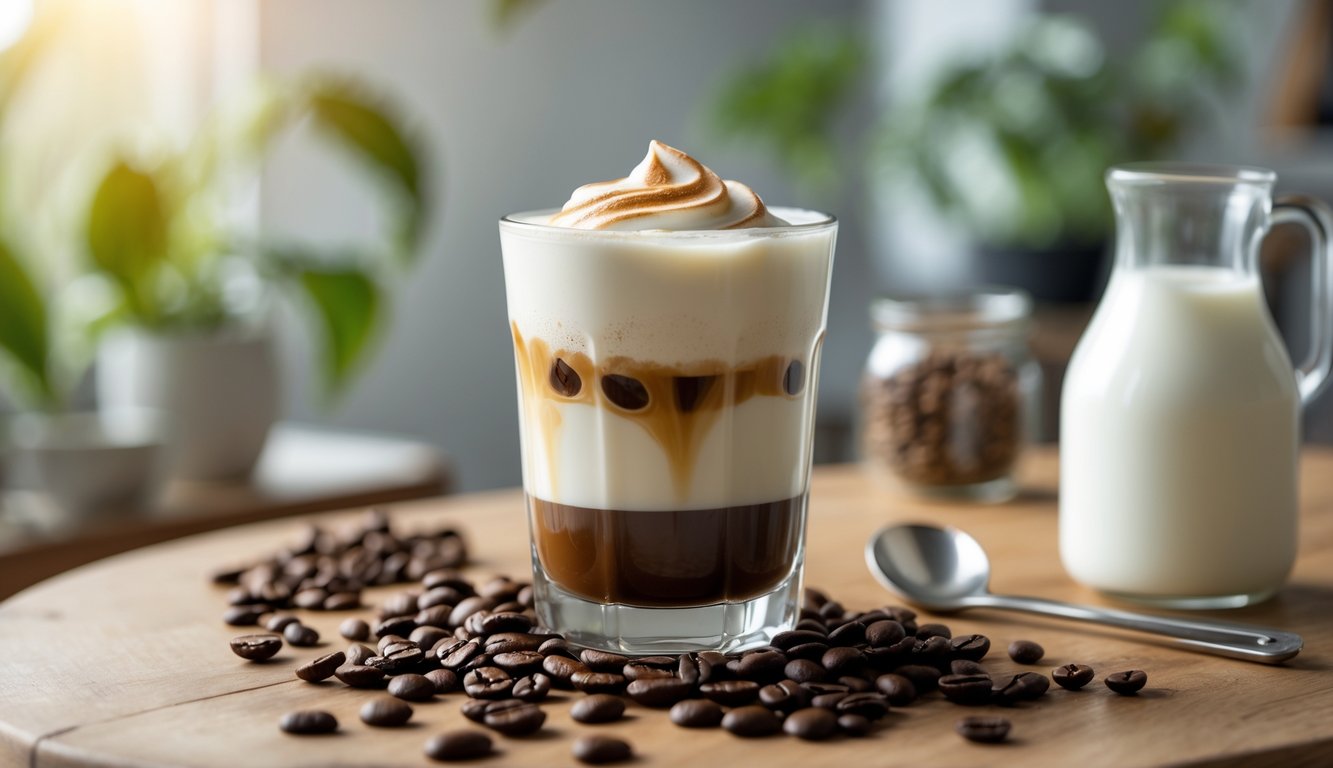 Segelas minuman kopi susu dingin dengan lapisan kopi dan susu di atas meja kayu di dapur rumah.