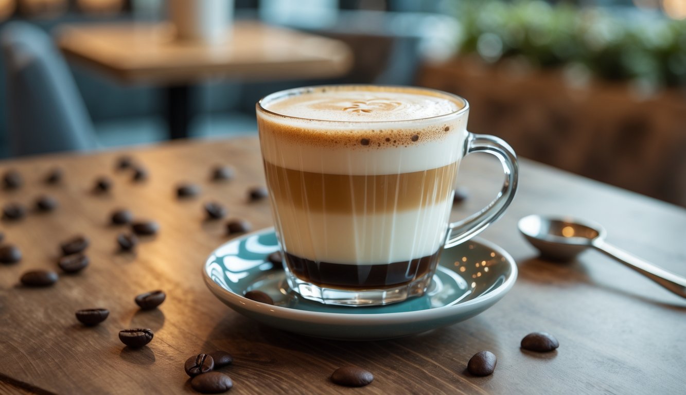 Secangkir kopi susu dengan lapisan kopi dan susu di atas meja kayu di dalam sebuah kafe yang nyaman.