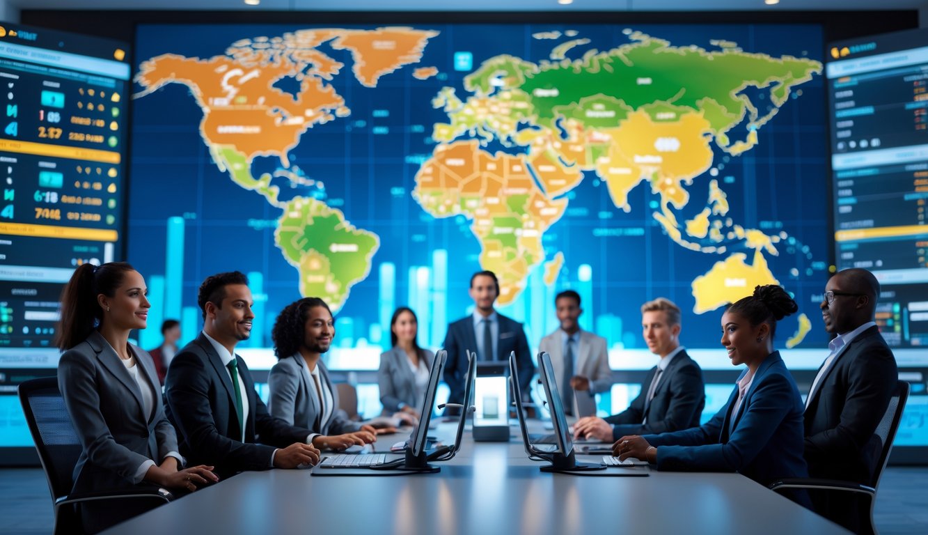 Sekelompok jurnalis olahraga sedang bekerja di ruang berita modern dengan layar yang menampilkan skor dan informasi terbaru dari berbagai cabang olahraga.