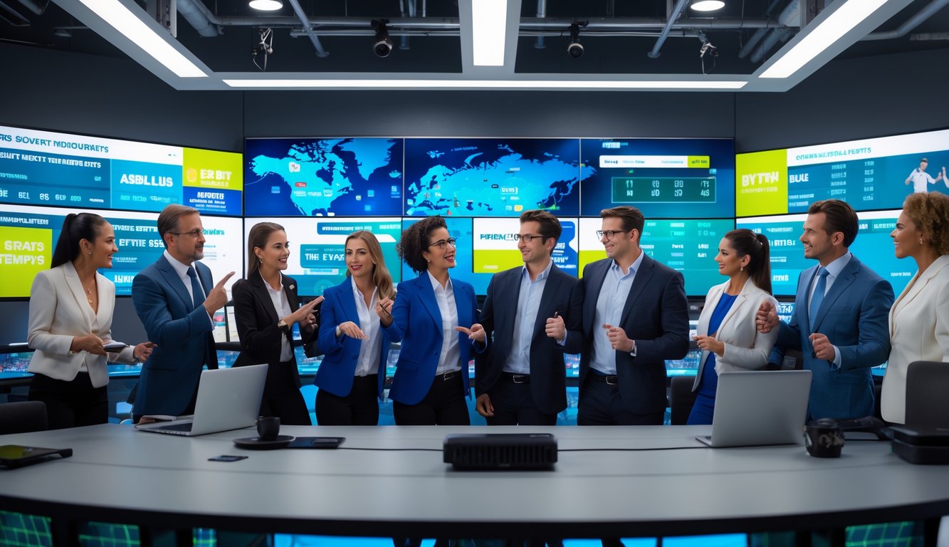 Beberapa analis olahraga sedang berdiskusi di studio dengan layar besar menampilkan grafik dan skor pertandingan olahraga terbaru.