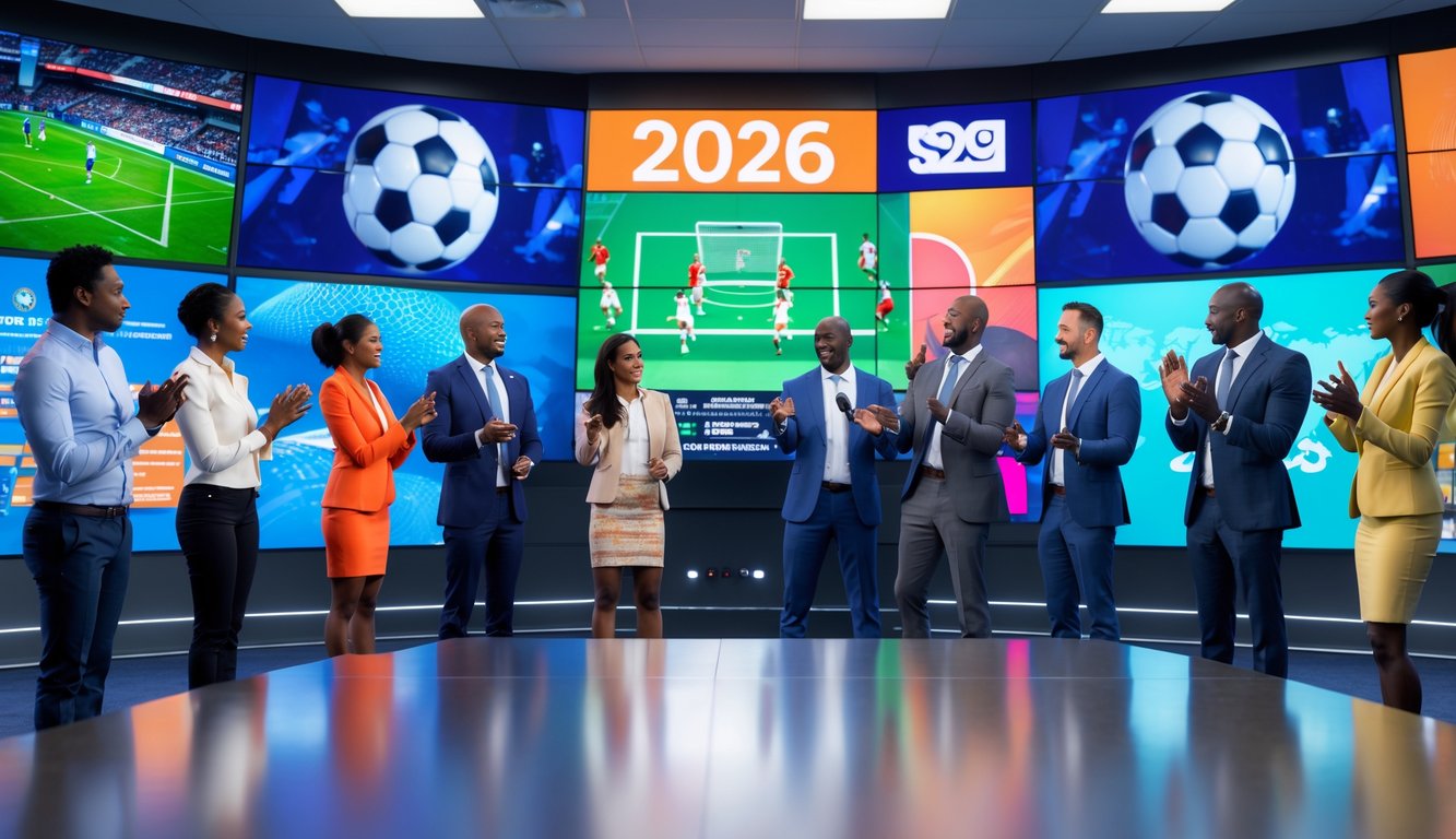 Sejumlah jurnalis olahraga sedang membahas berita terkini sepak bola dan basket di ruang berita modern dengan layar besar menampilkan pertandingan langsung.