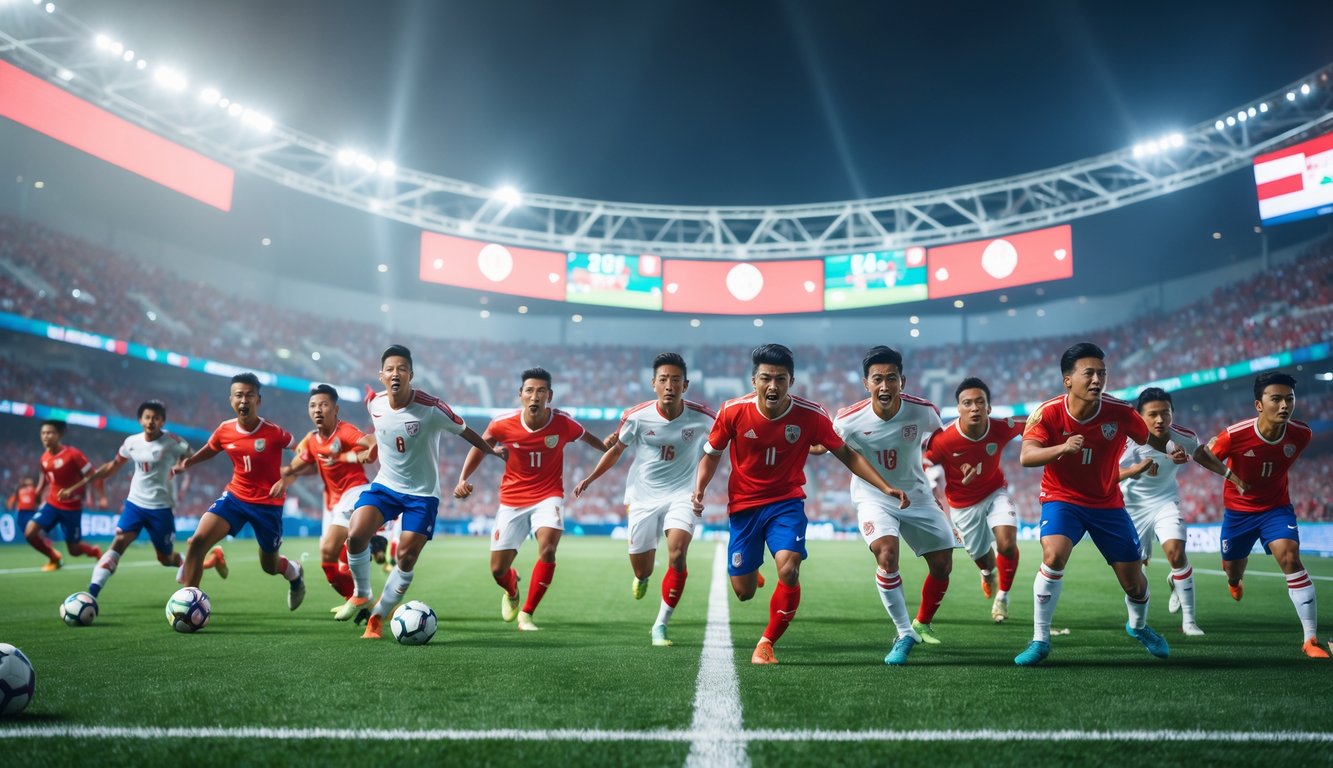 Suasana stadion sepak bola modern di Indonesia dengan pemain muda sedang bertanding dan penonton yang antusias mendukung.