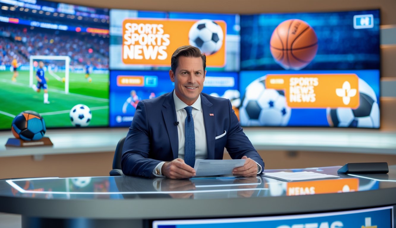 Seorang penyiar berita olahraga duduk di meja studio dengan layar digital menampilkan grafik dan cuplikan pertandingan olahraga di latar belakang.