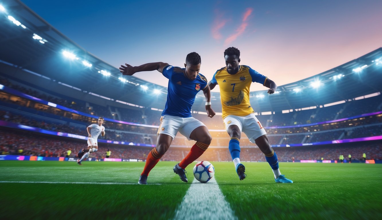 Dua pemain sepak bola sedang beraksi di lapangan stadion yang penuh penonton yang bersorak.