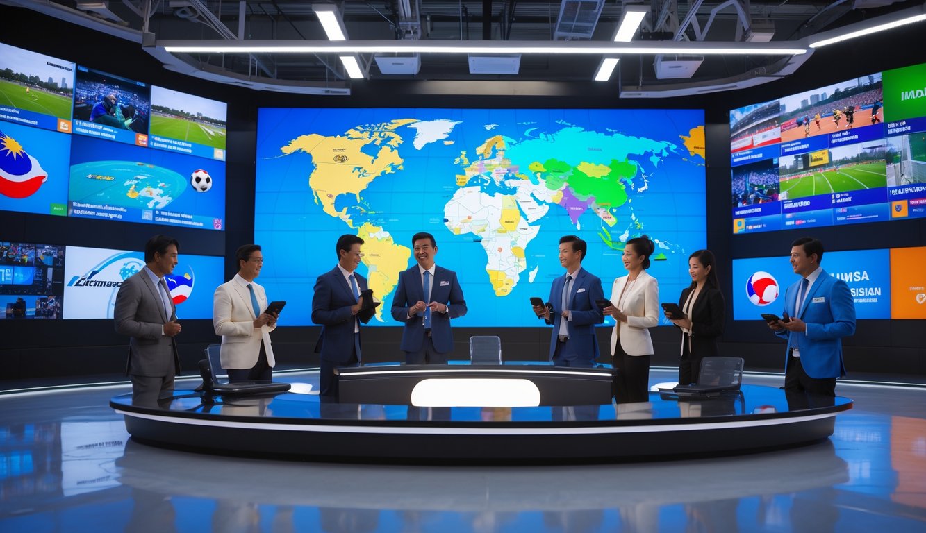Suasana ruang berita olahraga dengan beberapa layar besar menampilkan berbagai pertandingan olahraga dan beberapa penyiar yang sedang bekerja.