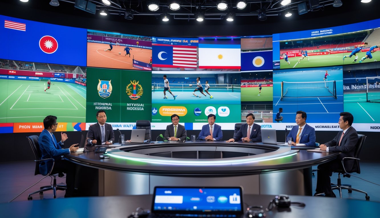 Suasana ruang berita olahraga dengan beberapa jurnalis dan layar besar menampilkan berbagai pertandingan olahraga dari Indonesia dan dunia.
