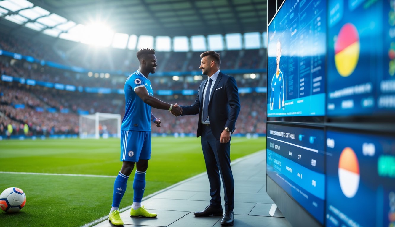 Seorang pemain sepak bola berjabat tangan dengan manajer tim di stadion sepak bola yang penuh penonton, menandai transfer pemain dalam Liga Inggris musim terbaru.