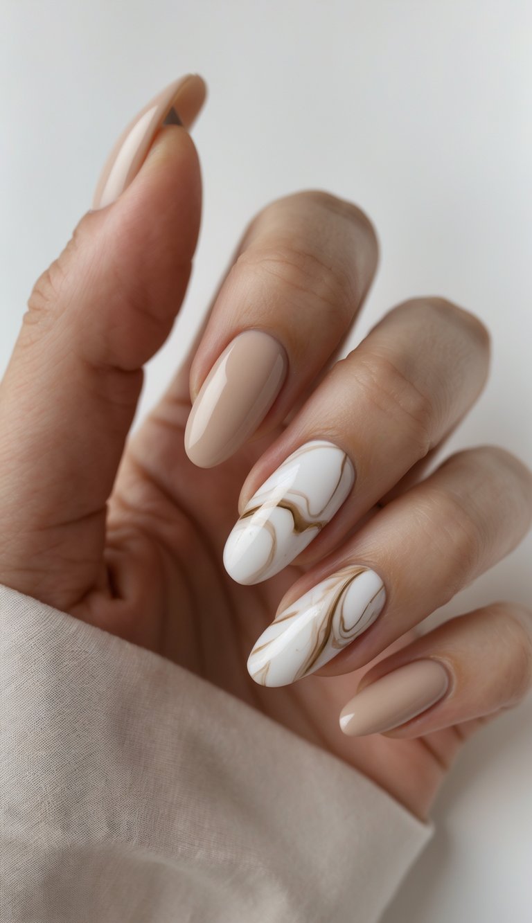 Close-up of one hand showing beige marble patterned nails against a white background.