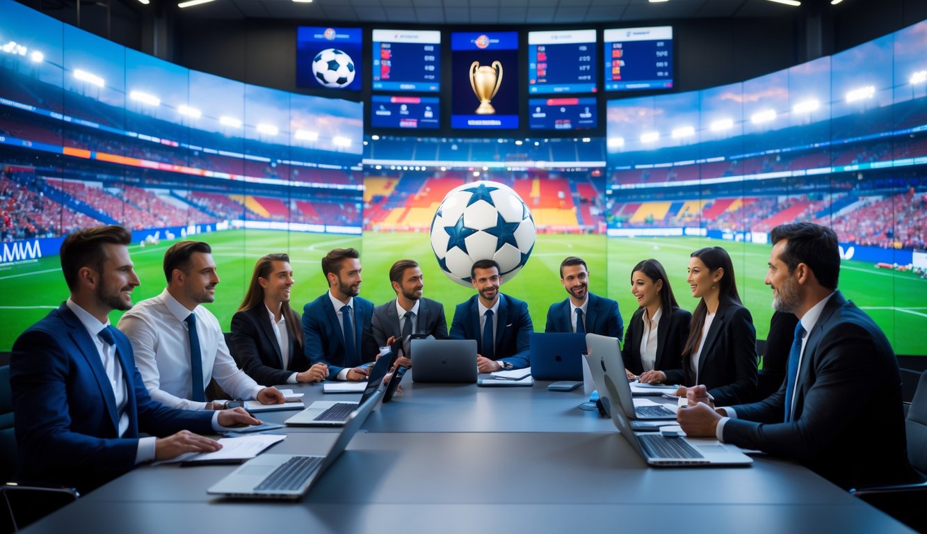 Sejumlah jurnalis olahraga sedang berdiskusi di ruang berita dengan layar besar menampilkan pertandingan sepak bola Liga Champions UEFA dan suasana stadion di latar belakang.