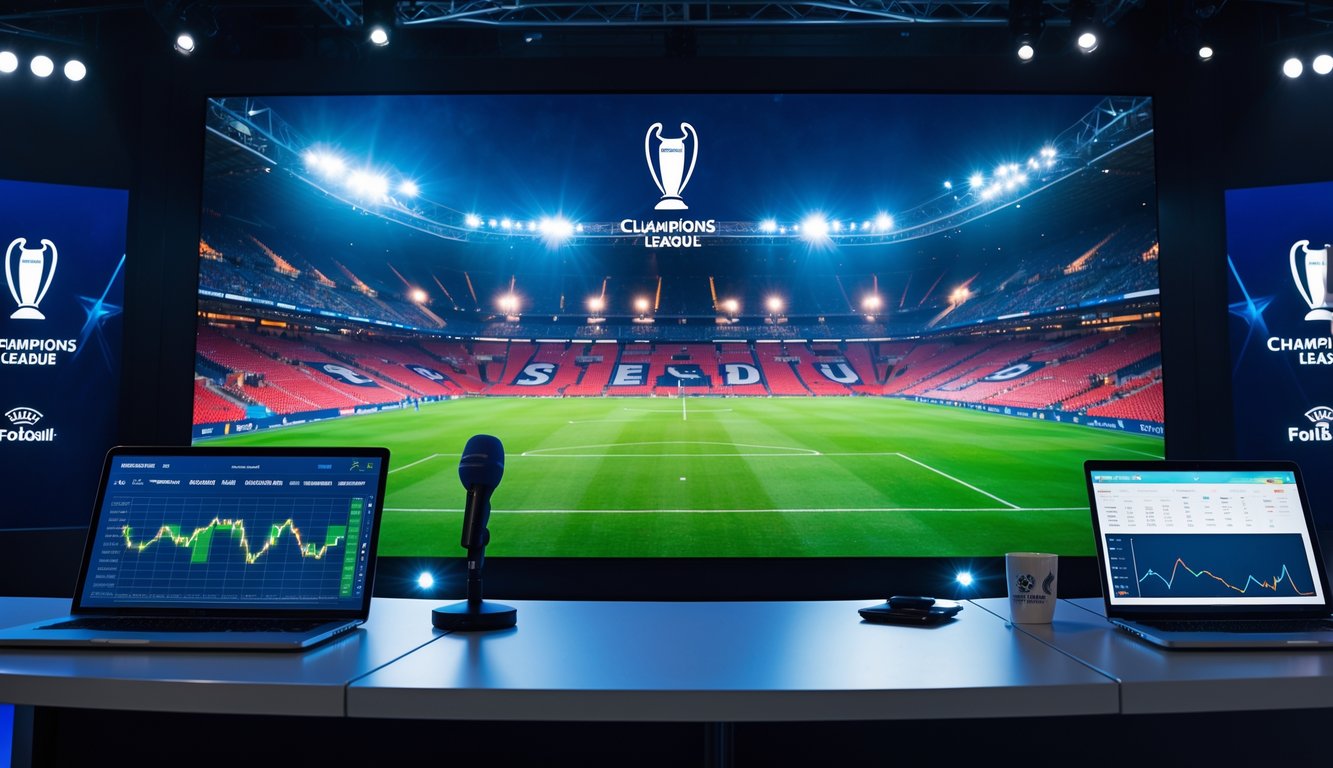 Studio olahraga dengan layar besar menampilkan stadion sepak bola penuh penonton dan meja dengan grafik jadwal serta hasil pertandingan Liga Champions.