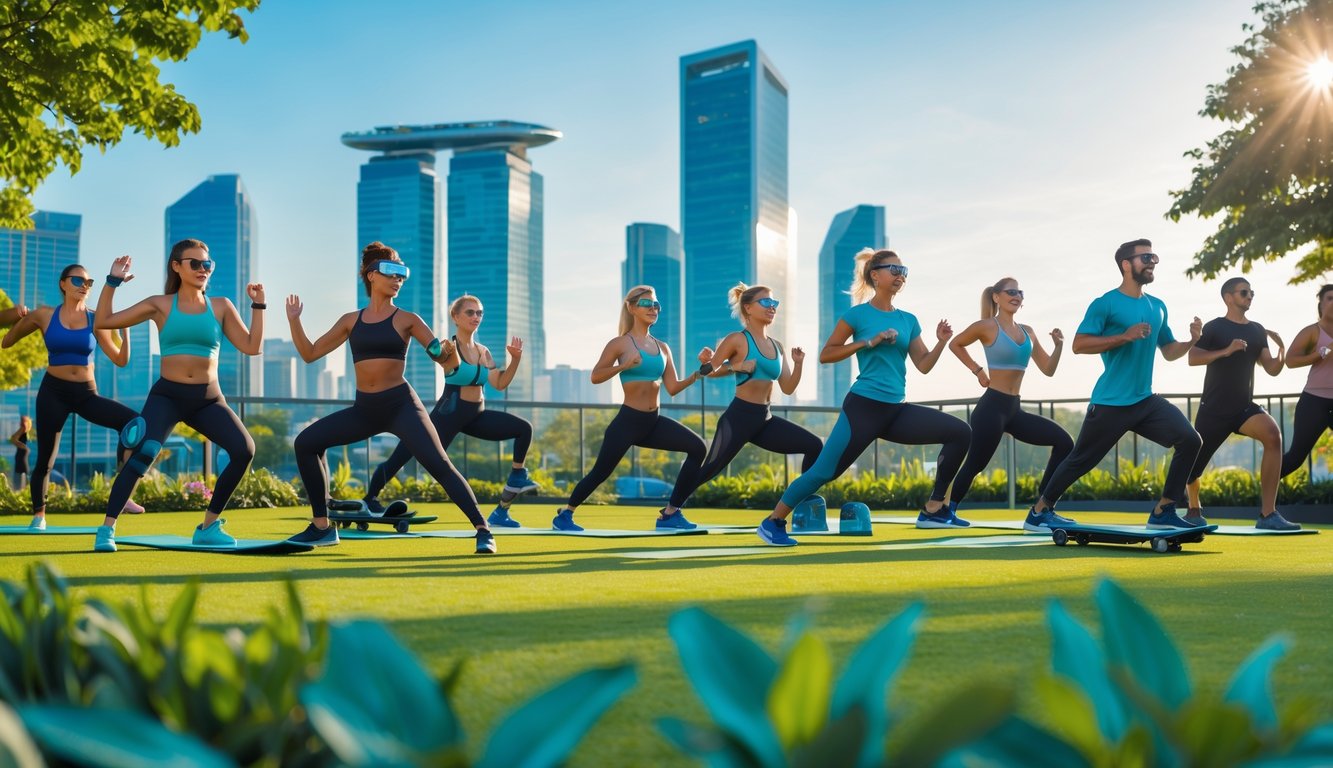 Sekelompok orang muda sedang berolahraga dengan alat kebugaran canggih di taman kota yang modern.